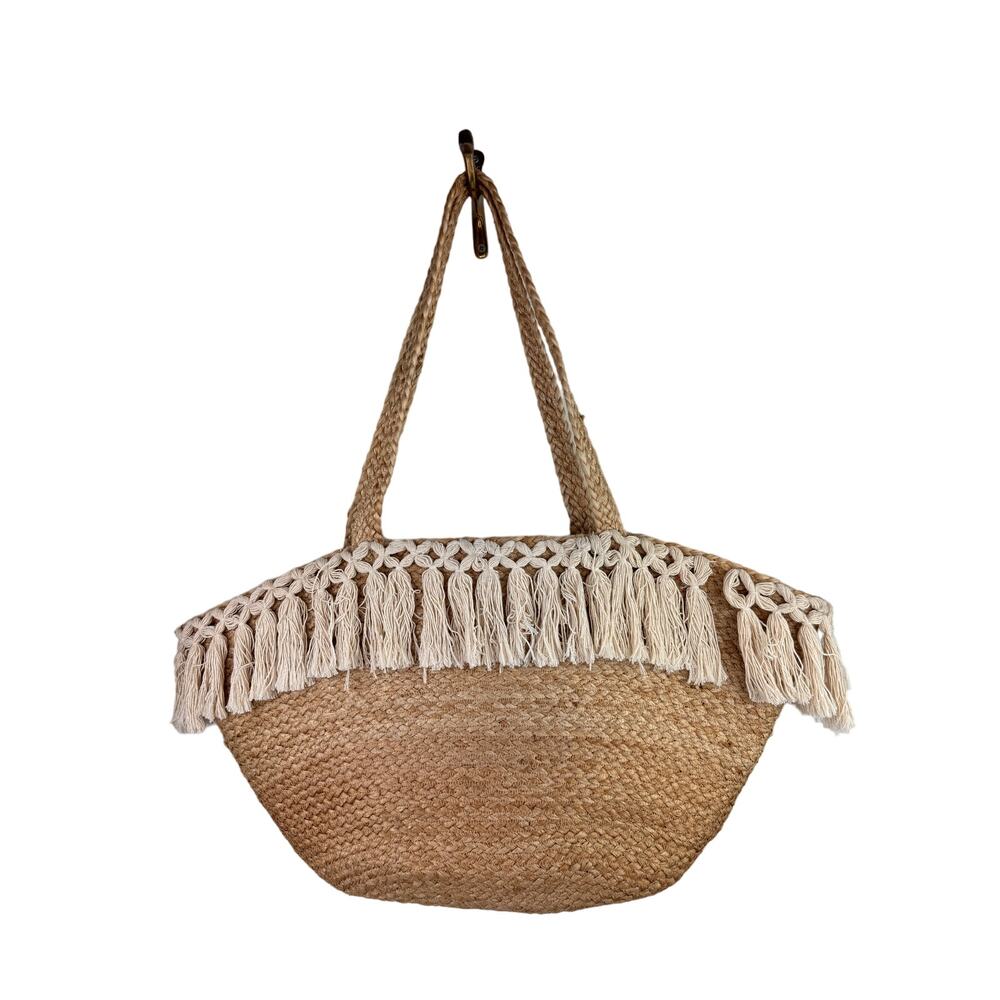 Raffia Beige Handbag Straw Woven Tassel Double Handle Bucket Beach Bag Large